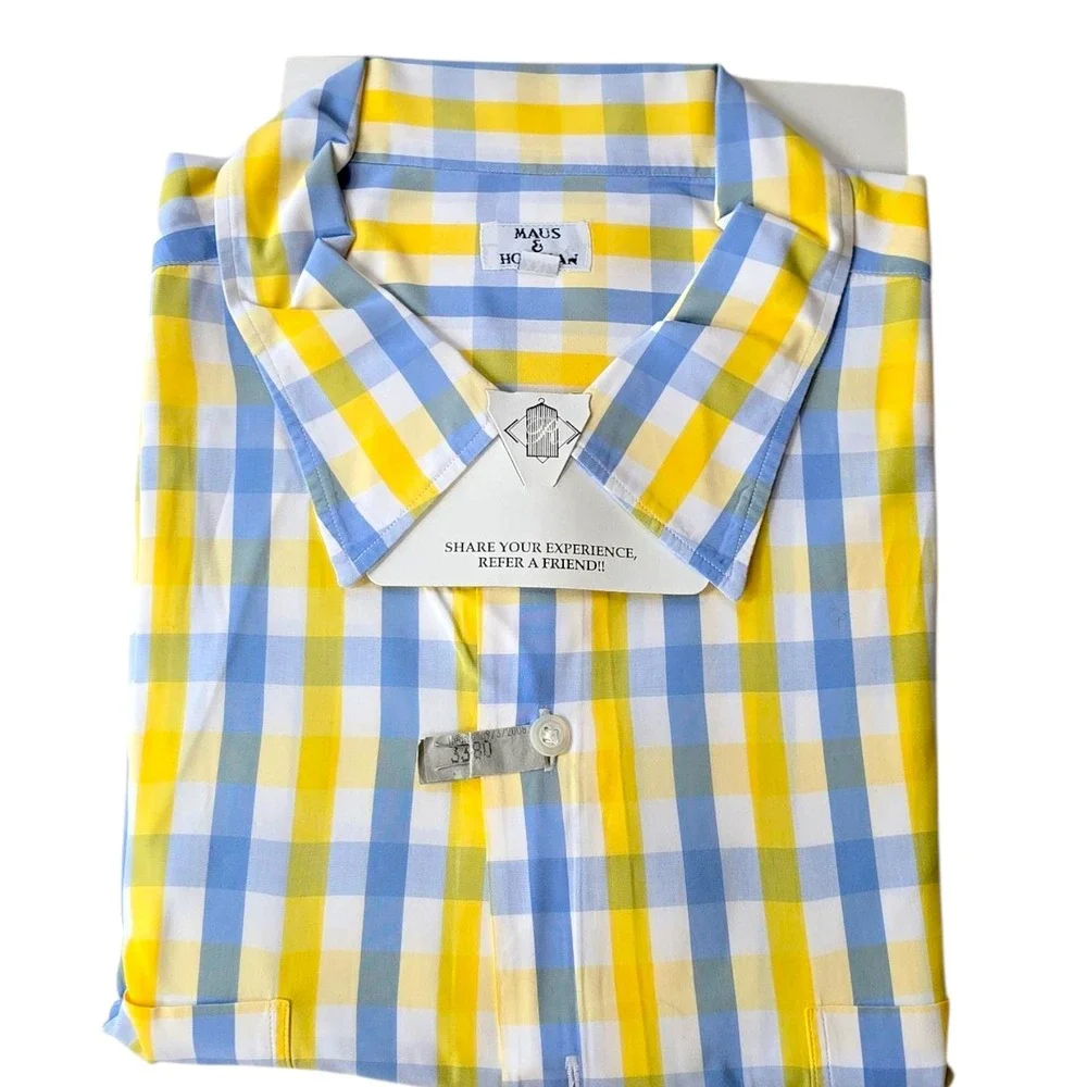 Vintage‎ Maus & Hoffman Cabana Shirt XXL Blue Yellow Check Cotton 80s 59